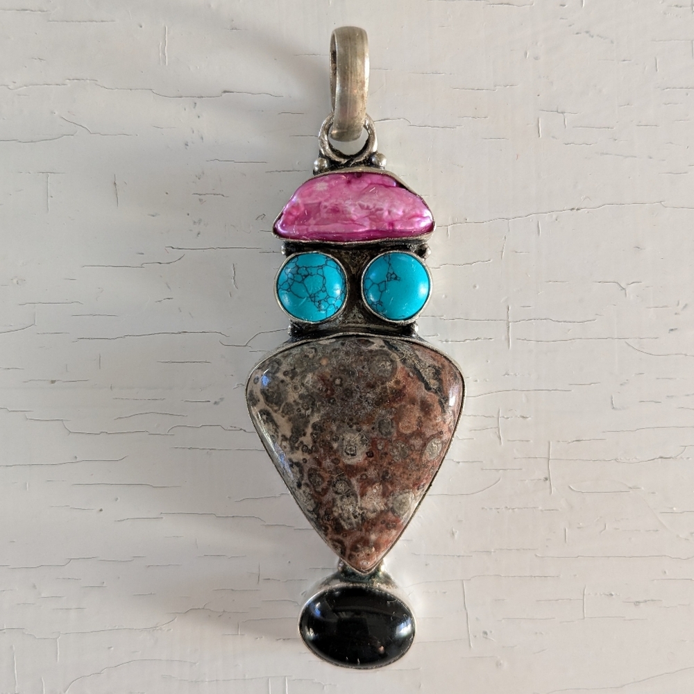 Vintage Sterling Silver Multi Gemstone Pendant- Pearl, Turquoise, Jasper, Onyx